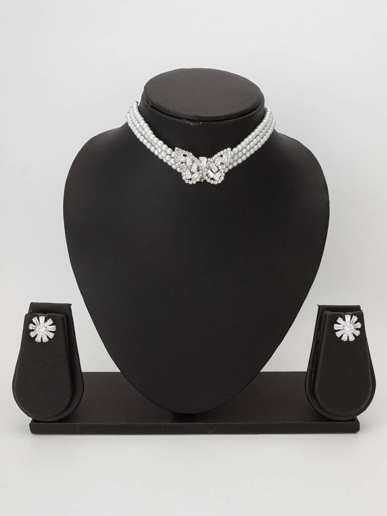 Pearl Choker Necklace Set With Crystal Butterfly Pendant And Starburst Stud Earrings : NK4585