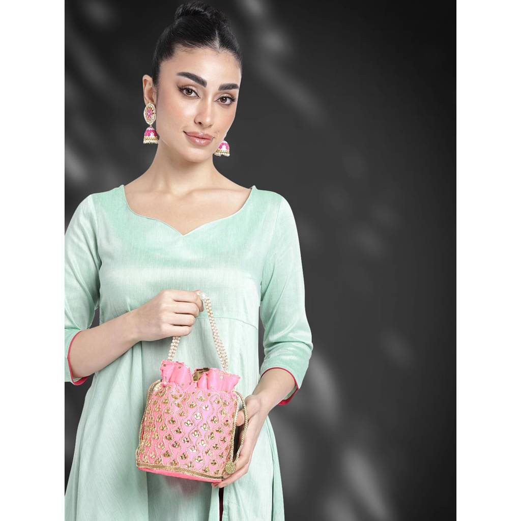 Potli Bag For Women Handmade Evening Wristlet Handbag Stylish Bridal Purse Fashion Bag For Girls (P88B) : P88PK