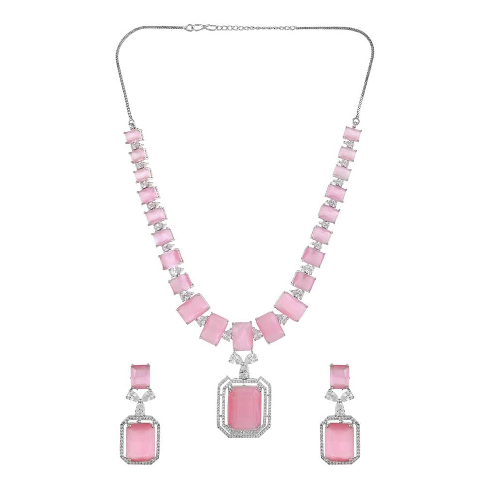 Sparkling Elegance Radiant Soft Pink American Diamond Necklace Set : 8905124532968