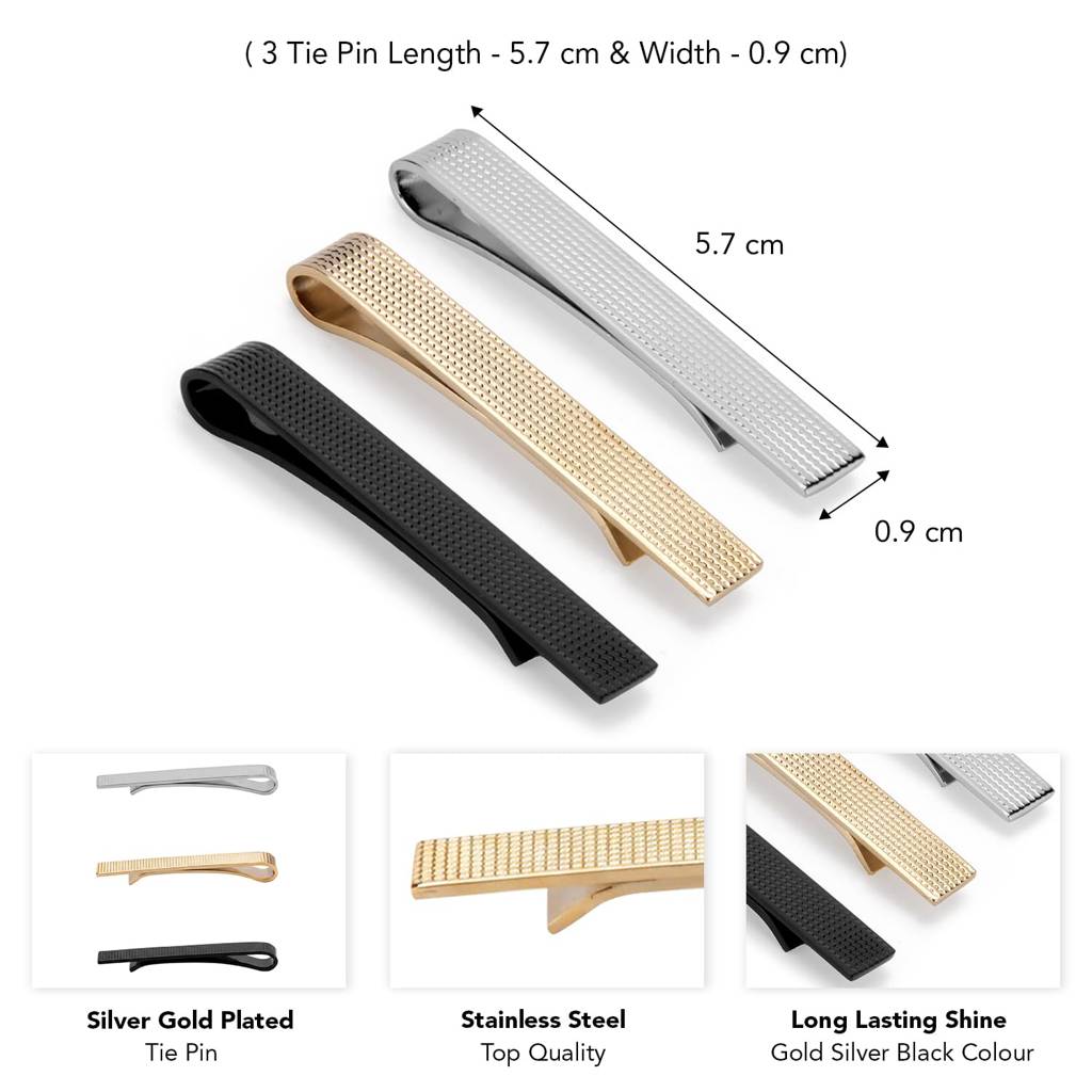 Black Gold Silver Plated Set Of 3 Tie Pins Classic Formal Accessories For Men : PX9T32