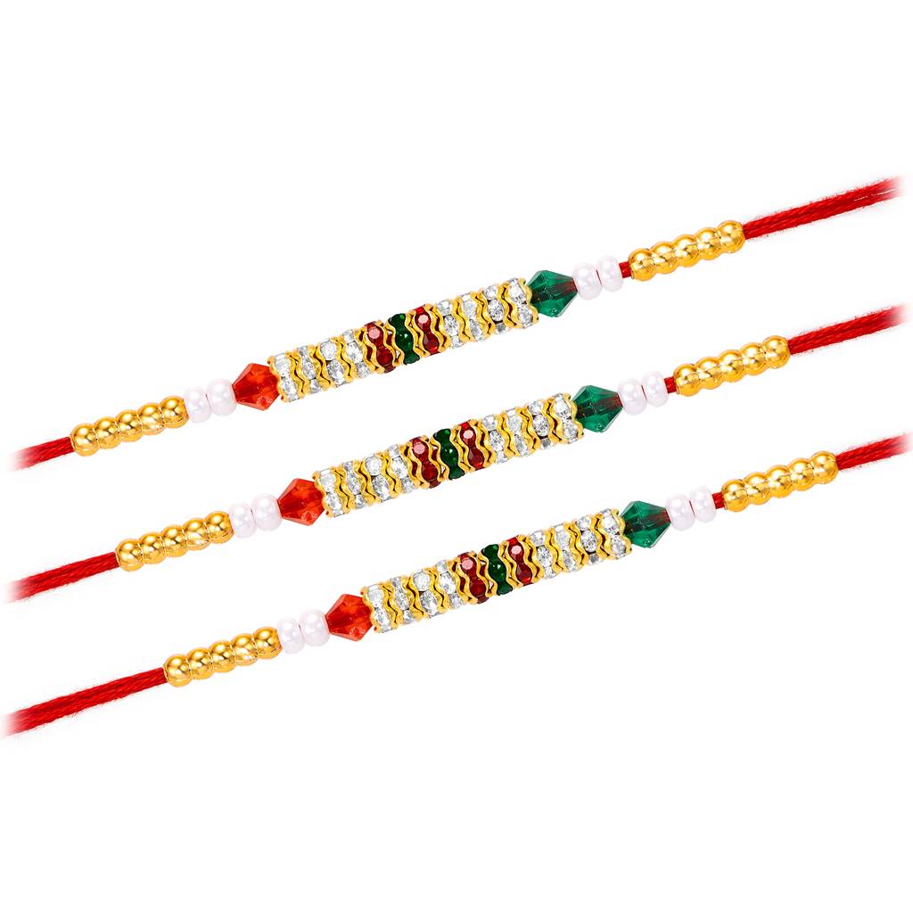 Rakhshabandhan Thread Rakhi For Brother Bhaiya Crystal & Beads Studded Red White Set Of 3 Rakhi Hamper Roli Chawal : R07C18-S3