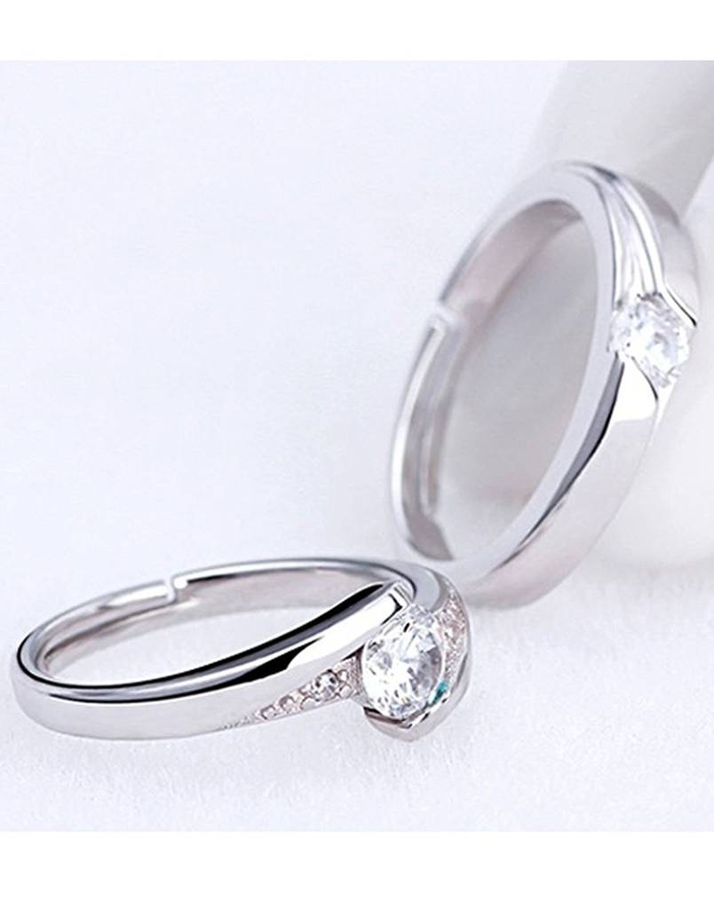 Silver Plated Classic Solitaire Couple Rings For Lovers Promise Engagement Wedding Band Valentine Jewellery Gift Set : PFCCR22