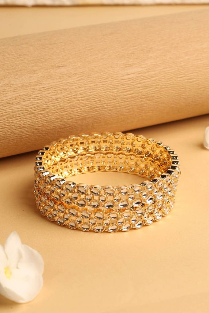 Traditional Oval Shape White Kundan Stone Gold Plated Set Of 2 Bangle Set For Women And Girls : 6BG339_Gold_210