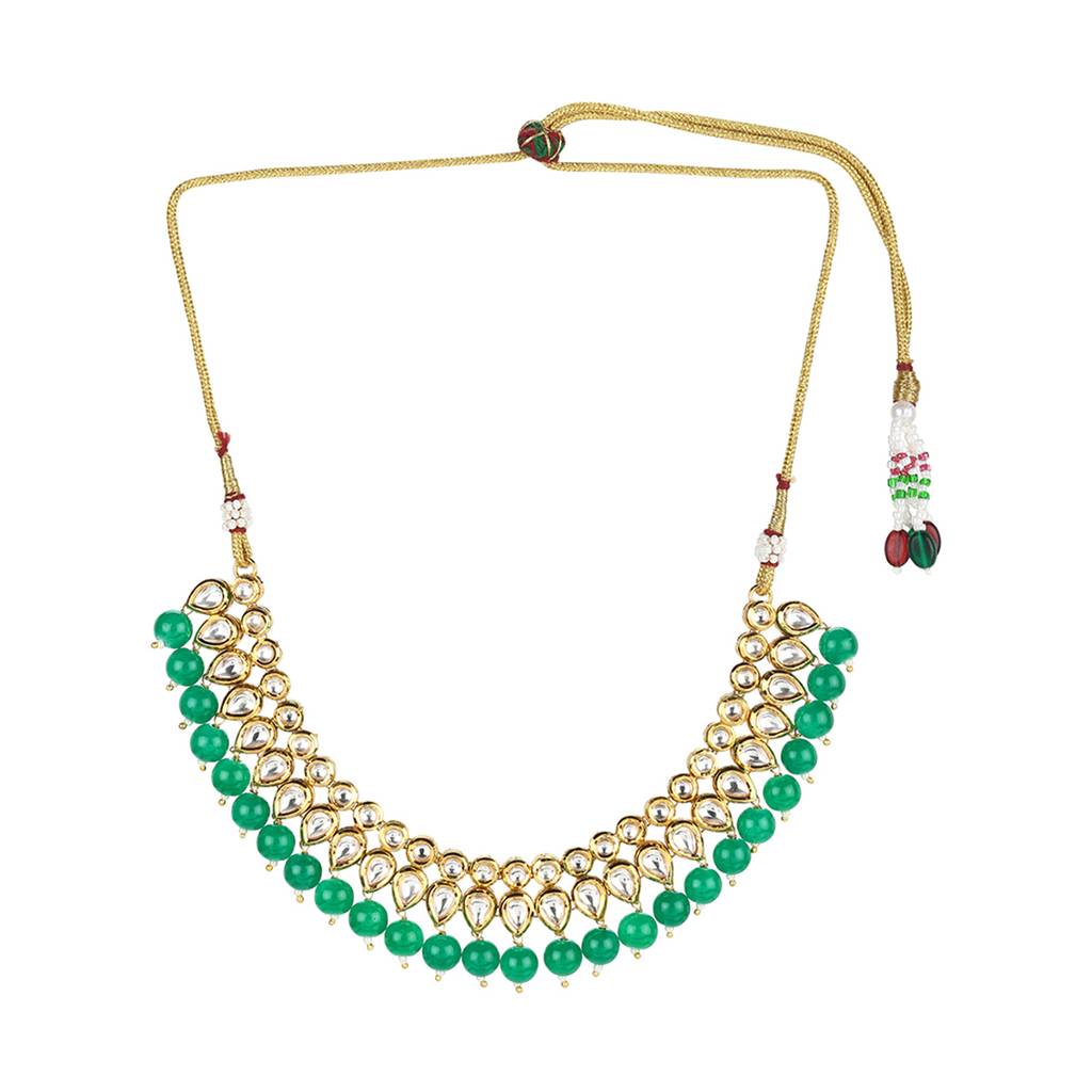 Kundan Elegance Teardrop Stones With Green Beads Jewellery Set : 8905124437881