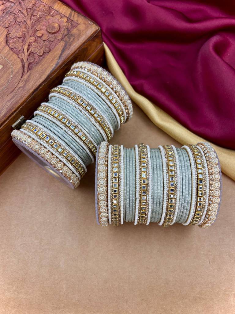 Traditional Kundan Bangles : HB-68-24-PISTAGREY