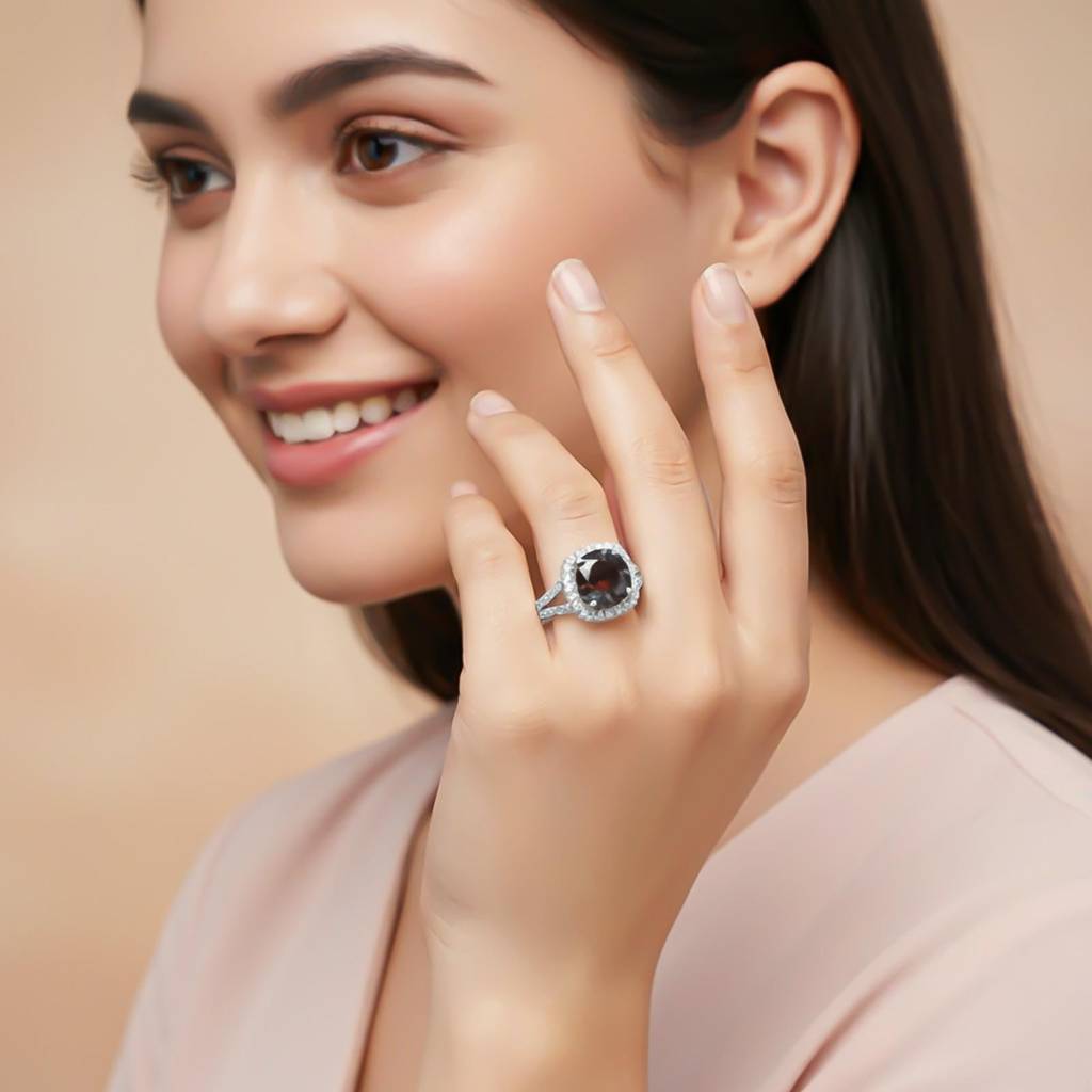 Silver Red Garnet Halo Ring : ZLR-1222-10