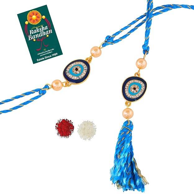 Gold Plated Sacred Evil Eye Bhaiya Bhabhi Rakhi Set With Fancy Silk Thread : 282-IG-RAKHI
