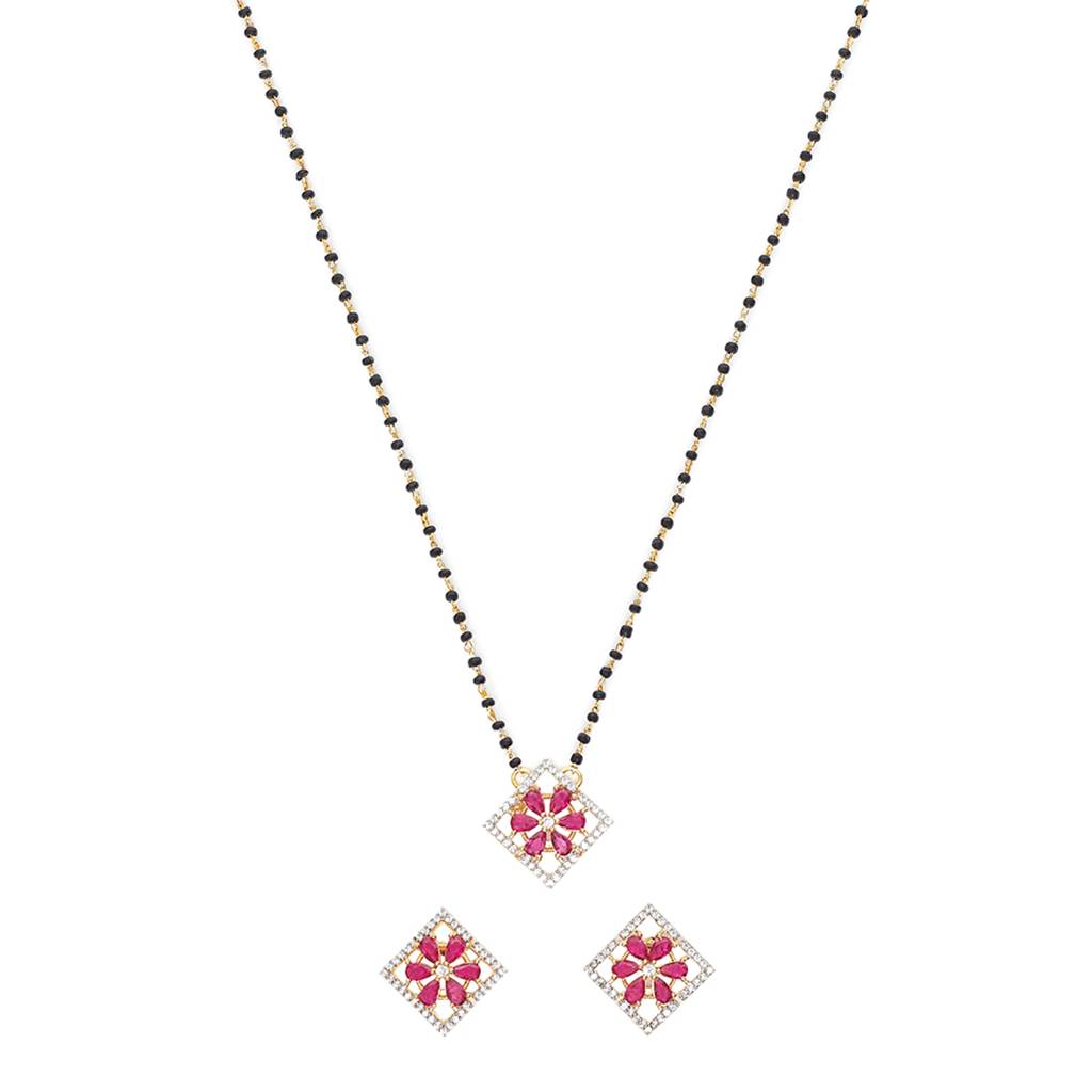 Shimmering Floret American Diamond Cz Gold Plated Brass Black Beaded - Mangalsutra With Earrings : 8905124427998