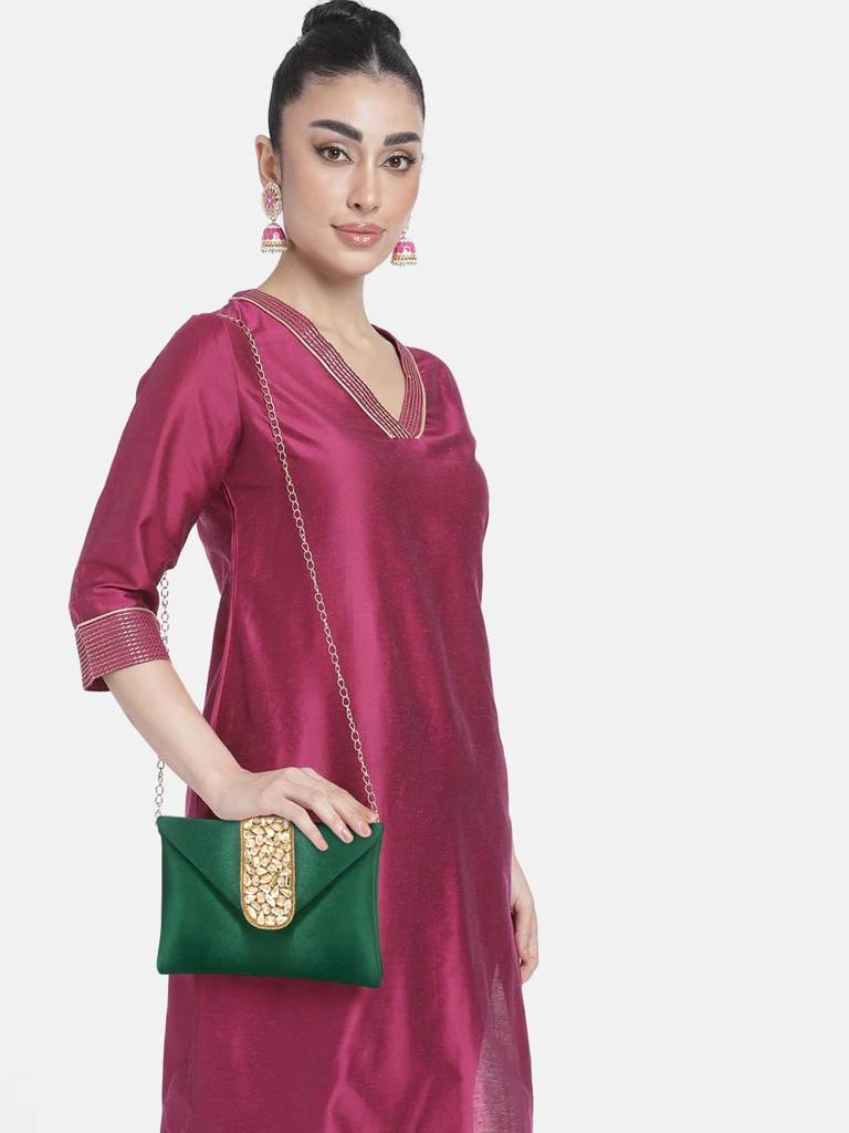 Clutch Women'S Purse Bridal Bag For Casual Detachable Strap Evening Sling Bag : C61GRN