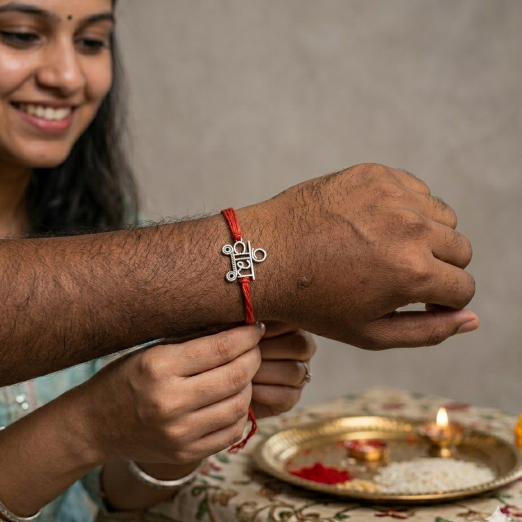 Veera Silver Plated Red Thread Rakhi : DTINDVIRARAKHI-01