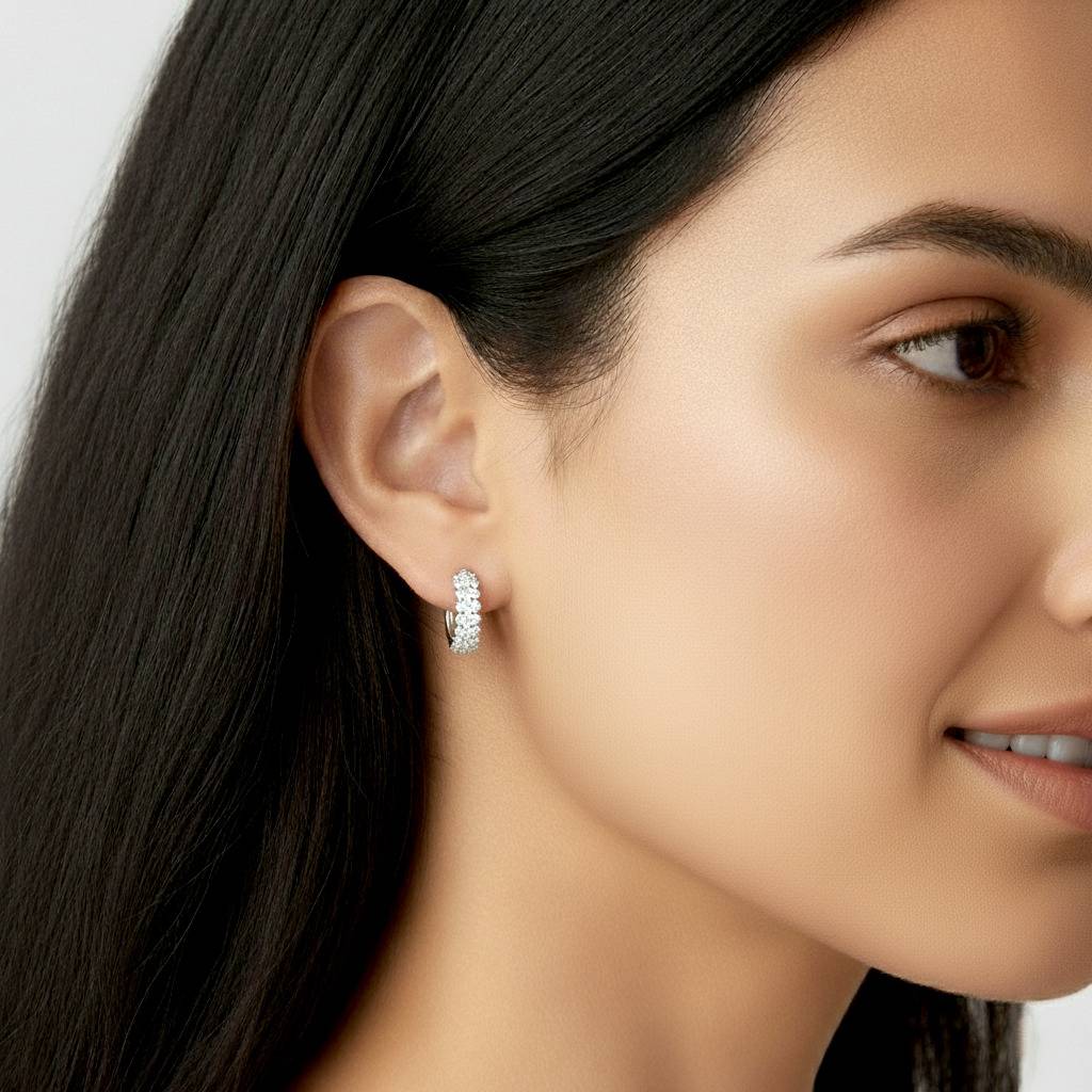 Combo Set Of Silver Plated Cubic Zirconia Studded Hoop Earrings With American Diamond Studded Finger Ring  : PX8R70S-7-PX8E182