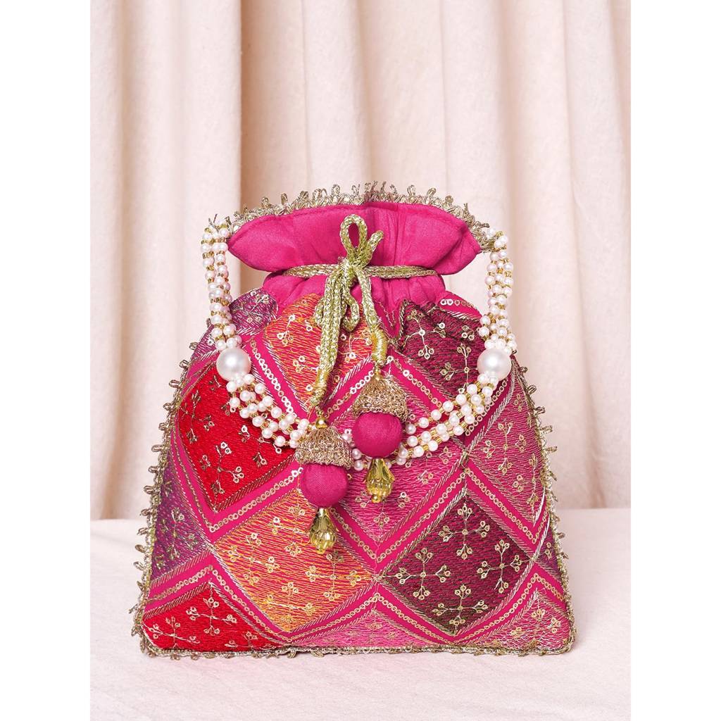 Zari Sequence Potli Bag For Women Stylish Handmade Wristlet Handbag Bridal Purse : P26RP-F