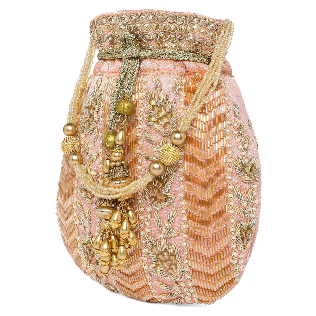 Potli Bag For Women Handmade Evening Wristlet Handbag Stylish Bridal Purse Fashion Bag For Girls (P128Crm) : P128PK