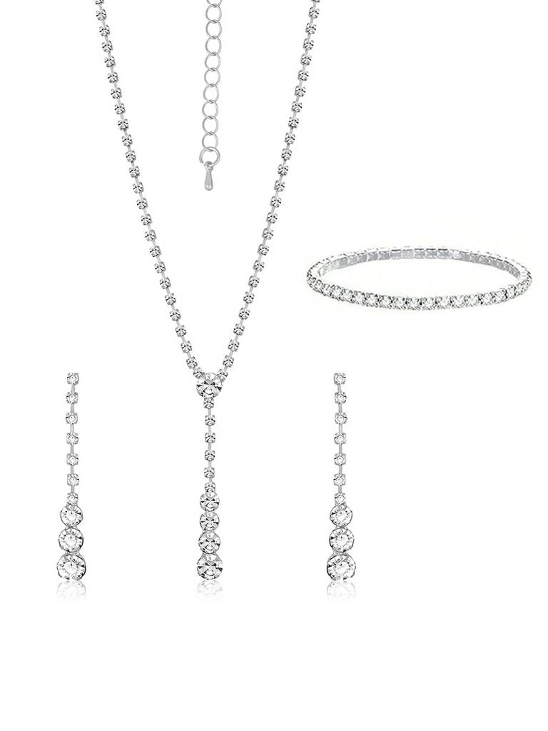 Peora Silver Plated Crystal Studded Pendant Style Necklace Drop Earrings & Bracelet Set Contemporary Jewellery For W : PX9N108