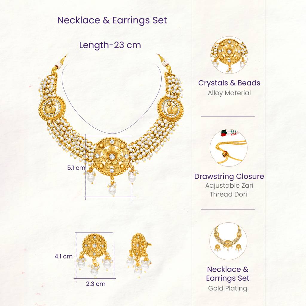 Women'S Gold Plated Ethnic Necklace Earrings Set Beads & Cubic Zirconia Studded Festive & Bridal Jewellery Anniver : PF104N27G