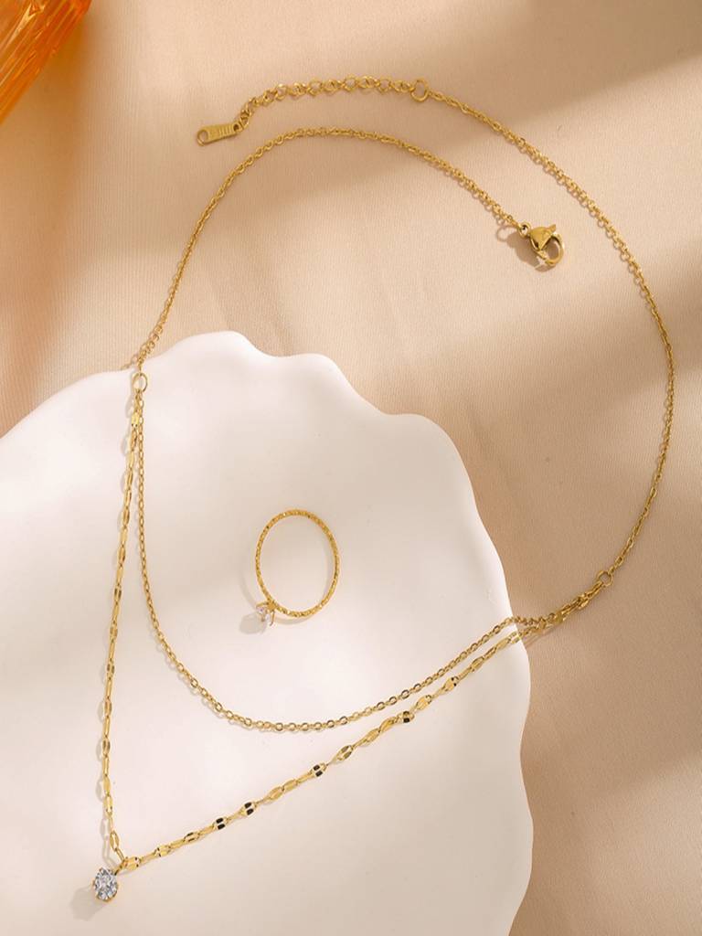 Set Of 2 -Minimal Zircon Layered Necklace & Ring Combo 18K Gold Plated Anti-Tarnish : AHM0126NS011C2_6
