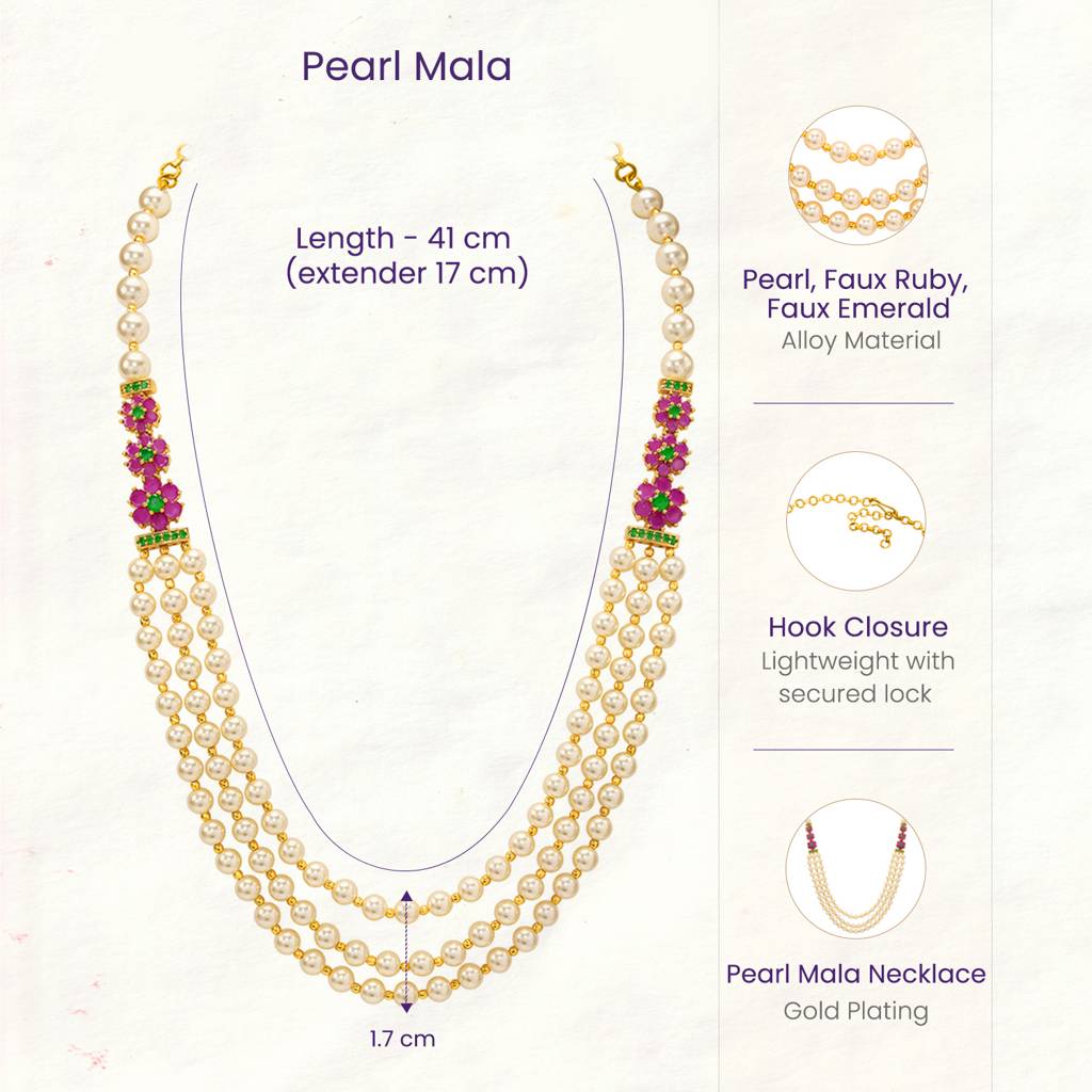Ethnic Beads Layered Long Mala Necklace For Women Girls Gold Plated Faux Ruby Emerald & Pearl Studded Traditional : PF10ML32RG