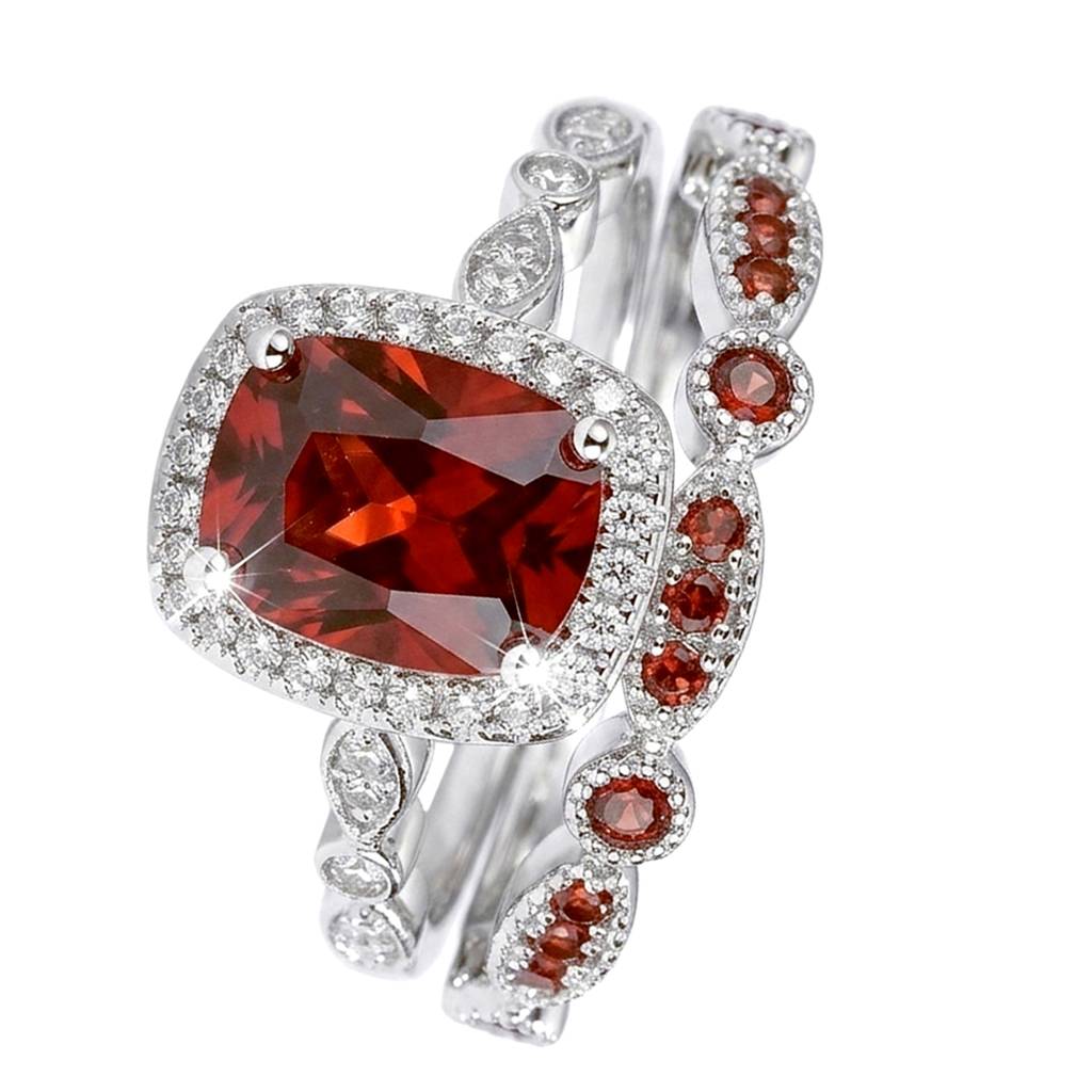 Red Silver Plated Stylish Bridal Finger Ring For Women Set Of 2, Us 7 Crystal & Cubic Zirconia Casual Wear Jewel : PX9R3069R-7