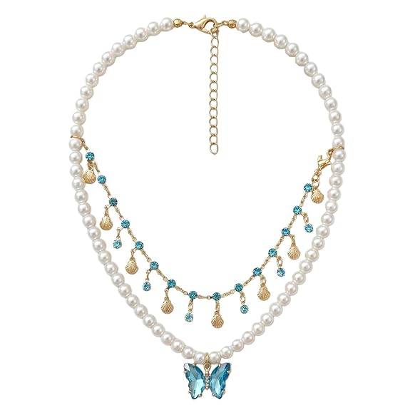 White Blue Gold Plated Layered Necklace For Women Pearl & Crystal Studded Festive & Casual Wear Jewellery Gift For : PX9N276WB