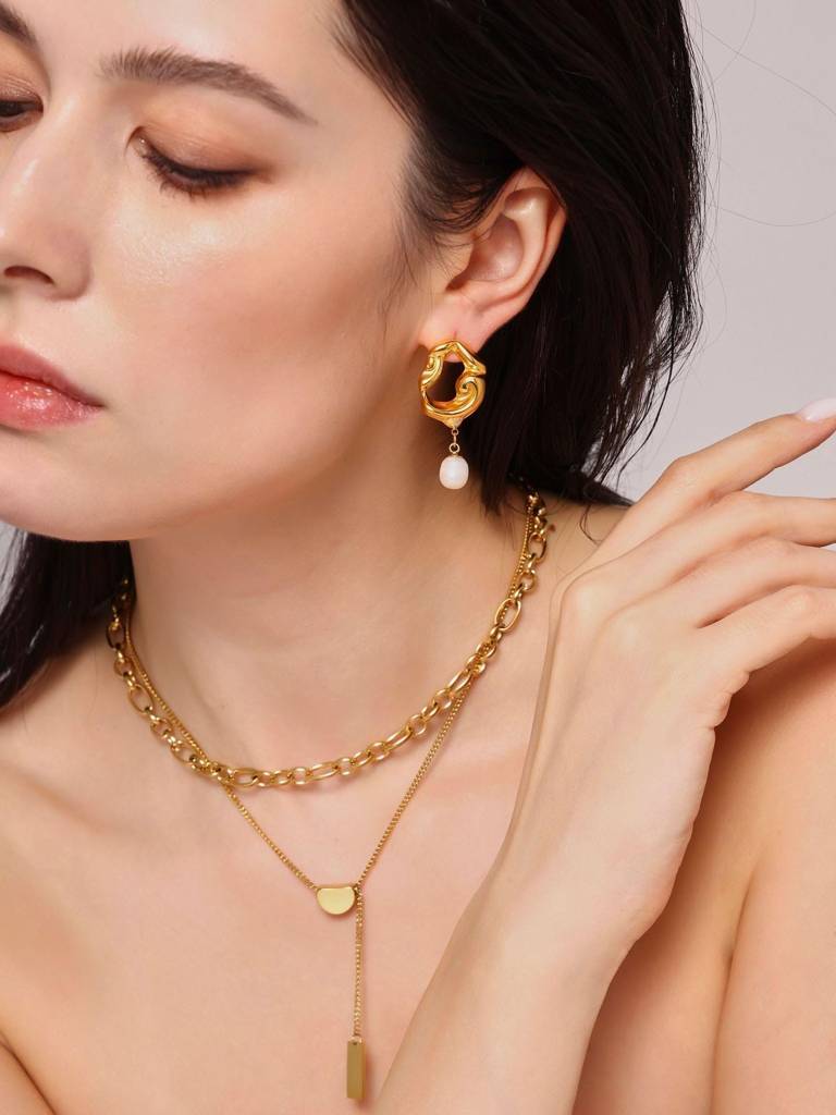 Elara Pearl Sculpt Hoops - Gold | 18K Gold Plated | Waterproof, Hypoallergenic & Anti-Tarnish : DSVDYJ05250128