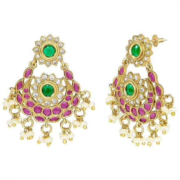 Rani Pink Green Ethnic Necklace Earrings For Women & Girls Gold Plated Faux Ruby Emerald & Lariya Traditional Temp : PF76N01RG