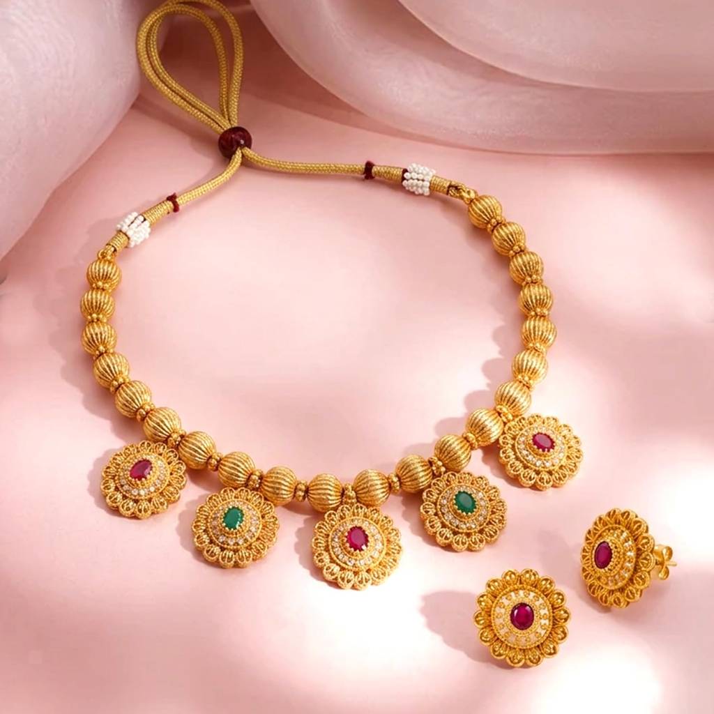 Gold Plated Traditional Necklace Earrings Set For Women | Faux Ruby & Emerald Studded | Festive & Bridal Jewellery : PF04BRC11RG