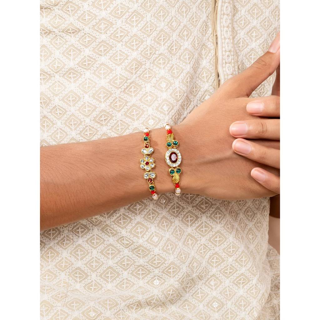 Rakhshabandhan Thread Rakhi For Brother Bhaiya | Crystals & Pearl Studded | Red Green White | Combo Pack Of 2 | Rakhi : R25C09