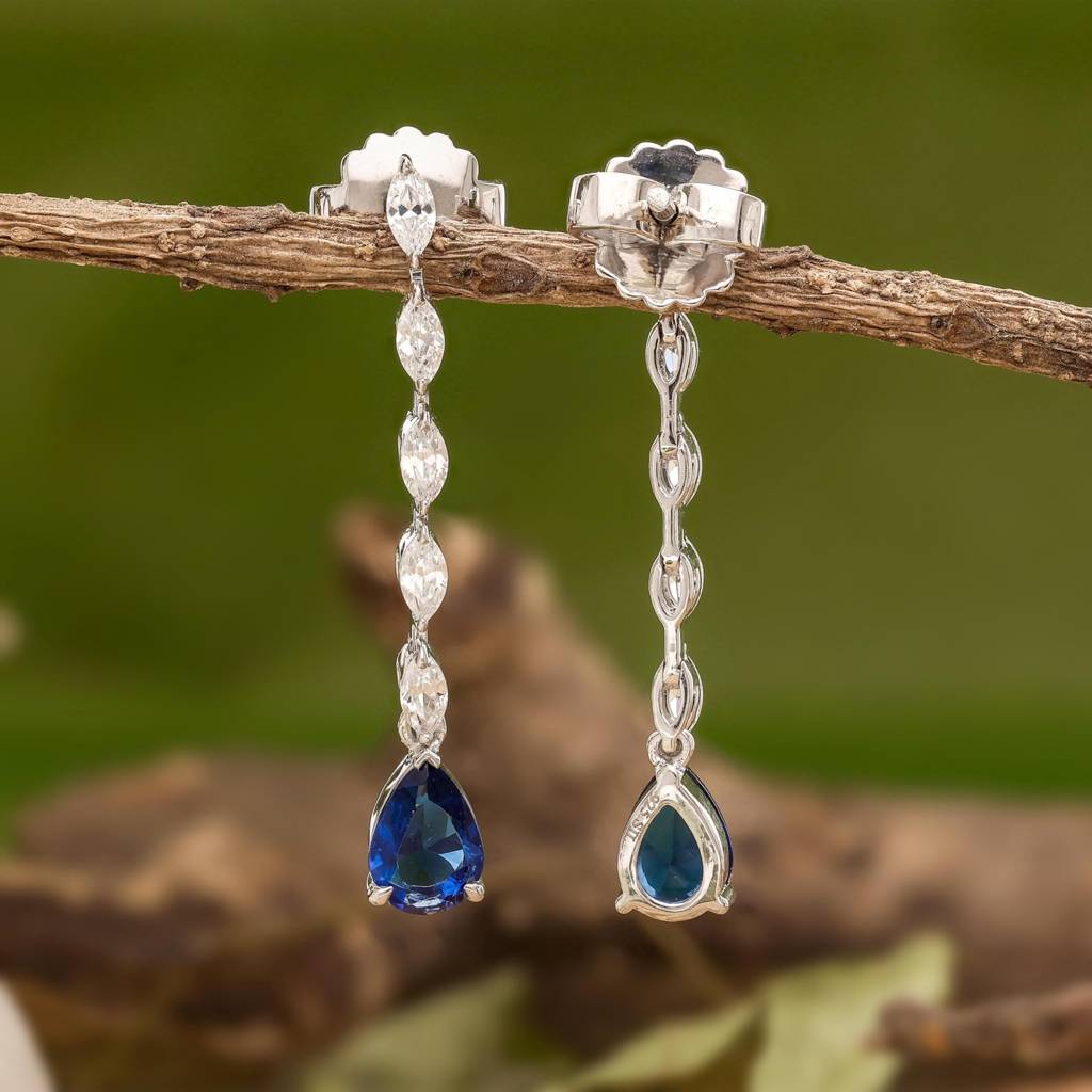 925 Silver Blue Teardrop Cz Dangle Earrings Bridal : SE_000961