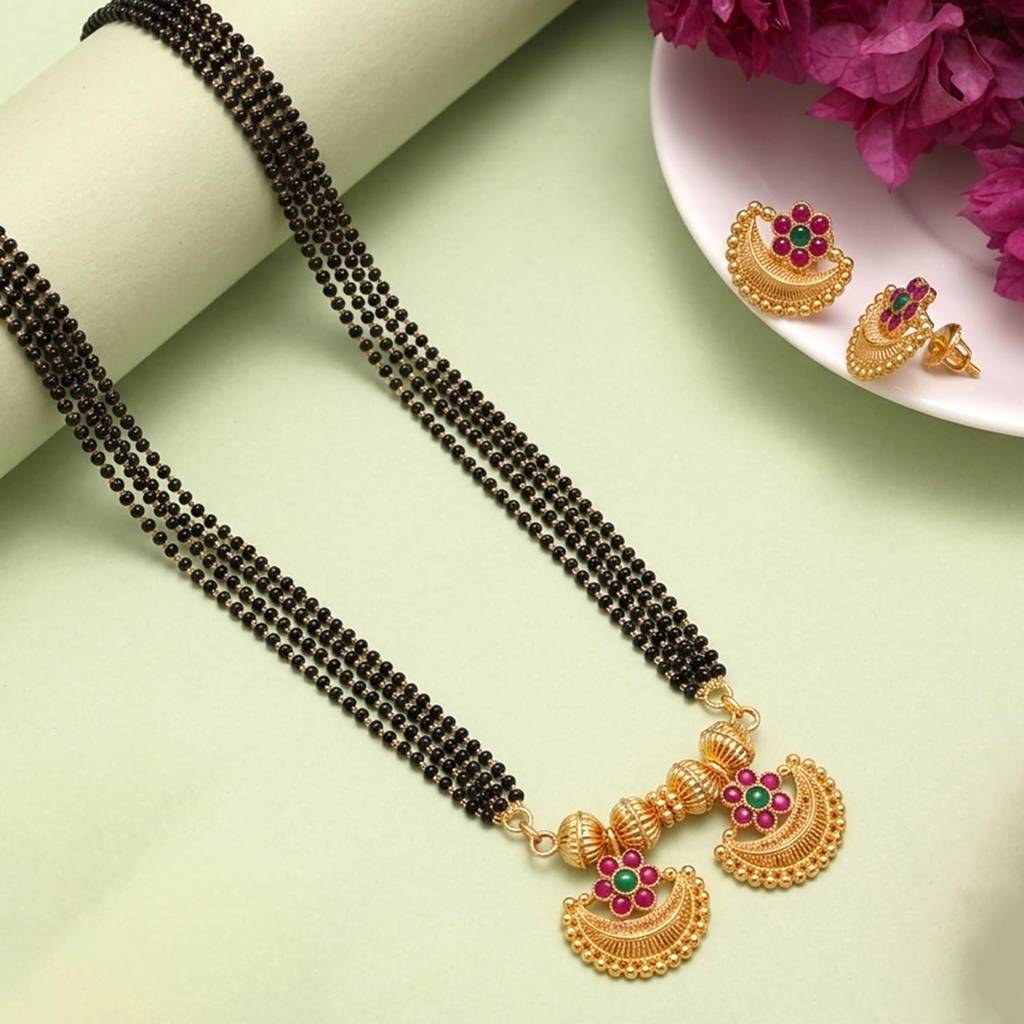 Gold Plated Traditional Mangalsutra Earrings Set For Women | Faux Ruby & Emerald Studded | Festive & Bridal Jewel : PF04MS12RG