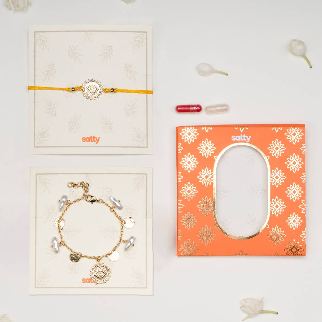Pearl Evil Eye Gold And Yellow Rakhi Bandhan Lumba Rakhi For Bhaiya And Bhabhi : BS14928-1228-YL-G-WT-BB-SL-OR