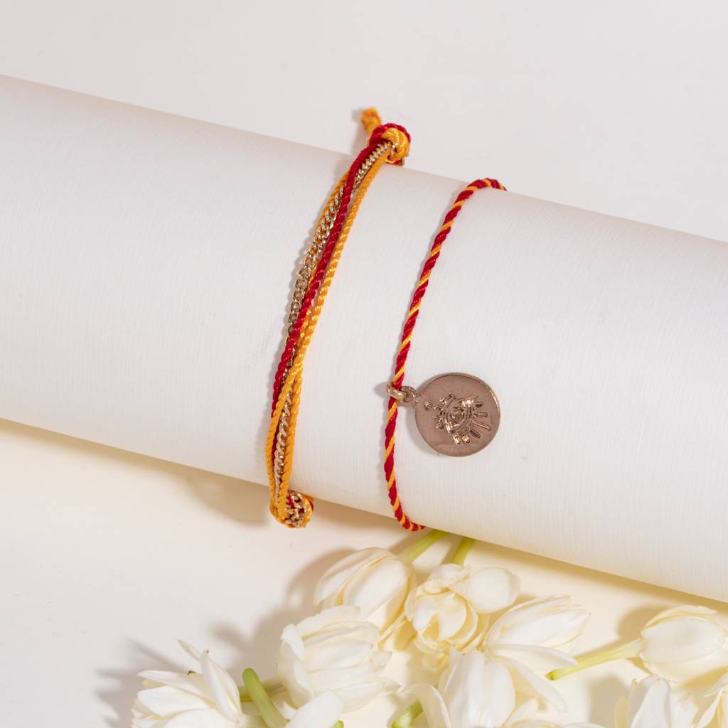Multithread Rakhi Bandhan Lumba Rakhi For Bhaiya And Bhabhi : BS14918-1218-RD-OR-BB-SL-OR