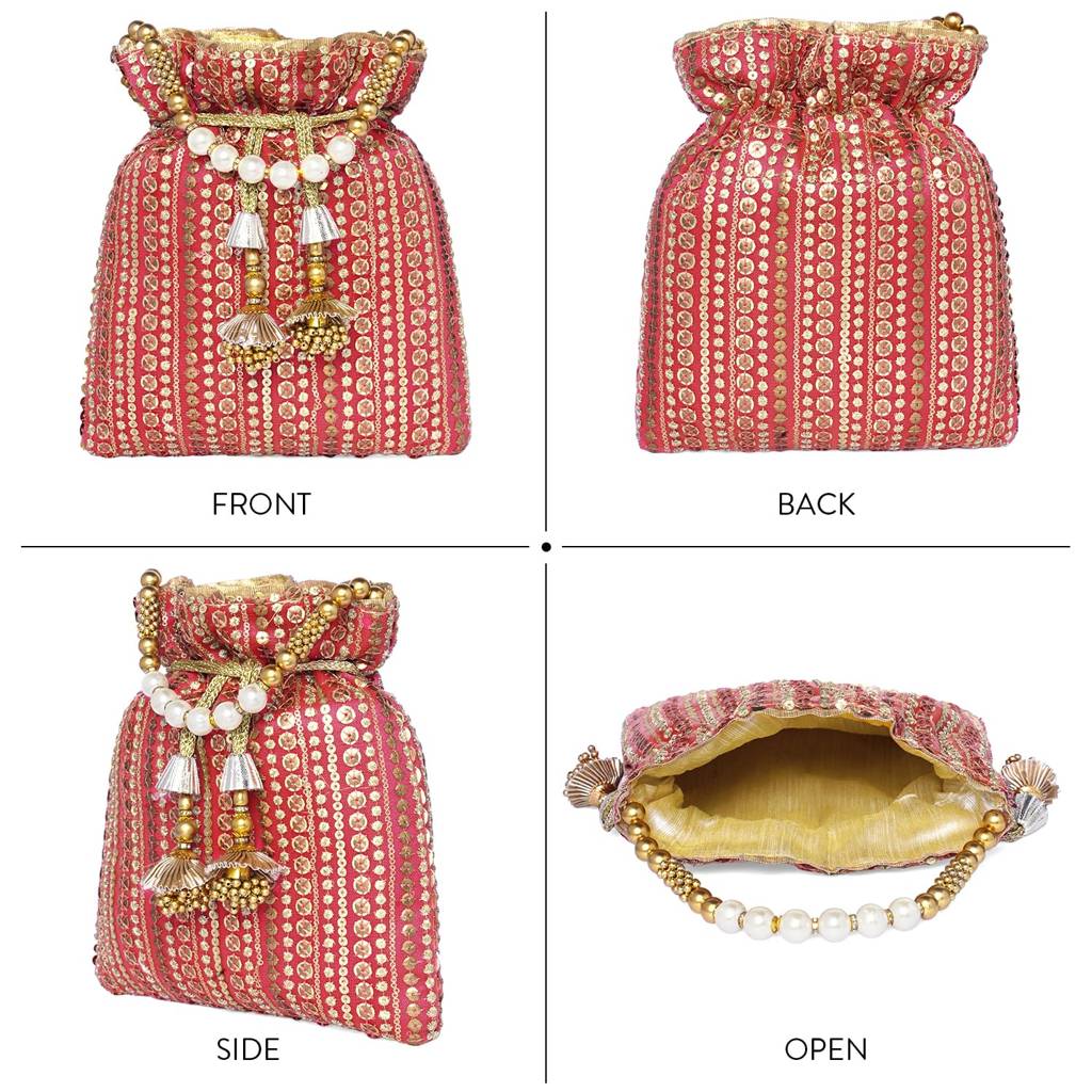Potli Purse For Women Handmade Evening Handbag Stylish Bridal Fashion Wristlet Bag For Girls (P163G) : P163R