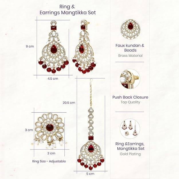 Maroon Kundan Studded Earrings Maangtikka Finger Ring Set For Women : PF26ET02M
