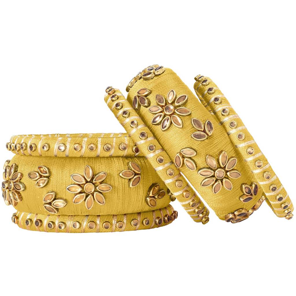 Peora Silk Thread Matching Golden Floral Decorative Chuda Chura Bangle Set For Women : PF51B69Y