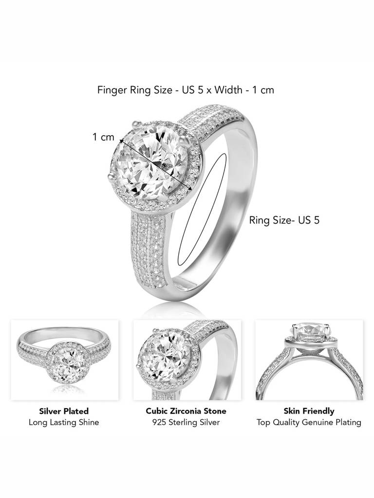Rhodium Plated 925 Sterling Silver Cz Studded Solitaire Finger Ring Fine Jewellery Gift For Women : PR5846S-5