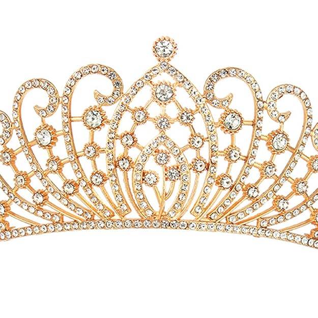 Gold Plated Cubic Zirconia Studded Princess Tiara Crown For Girls & Women Birthday Hair Accessories : PX9CW16G