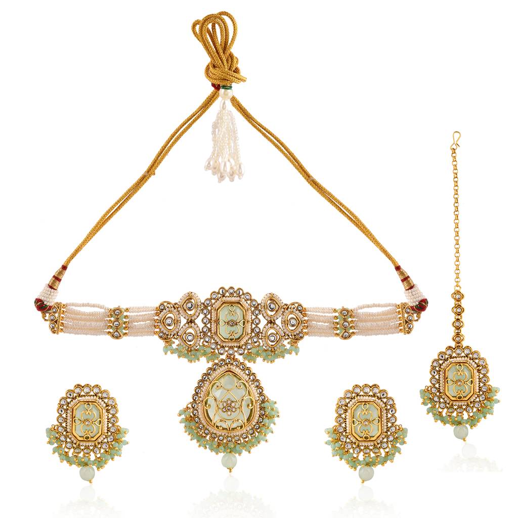 Kundan Opulance Light Green Cz-Pearl Beaded Yellow Gold-Plated Choker Set : 8905124585414