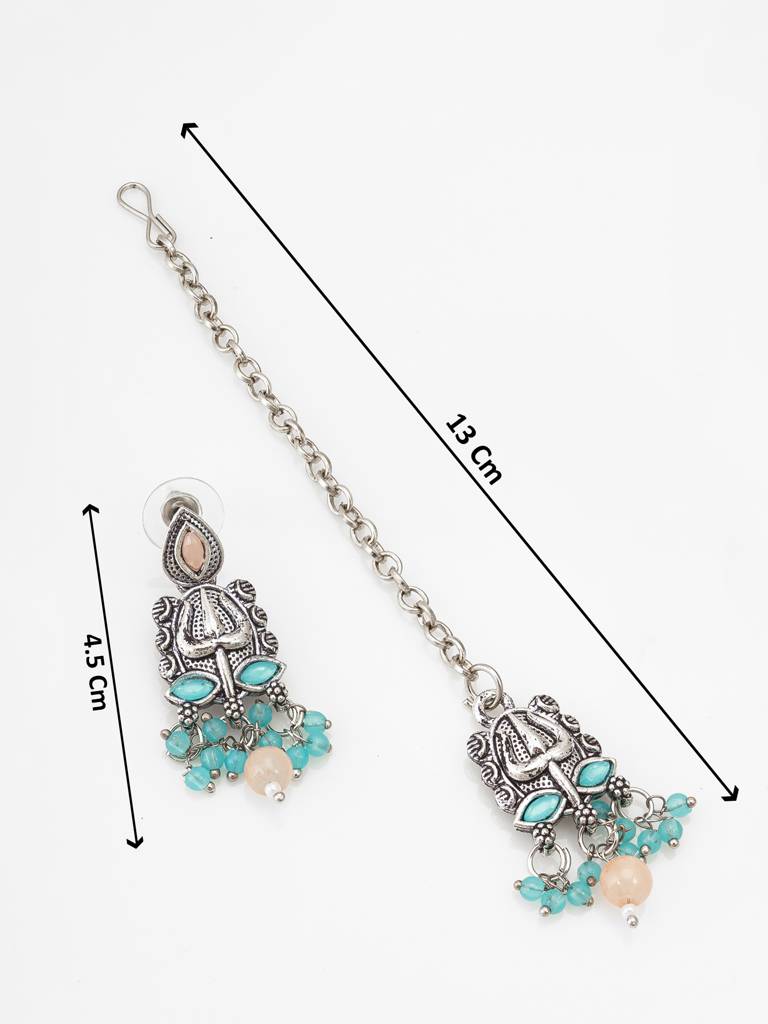 Navratri Special Silver Floral Choker Necklace Set With Earrings And Maang Tikka In Turquoise And Peach Beads : NK4099