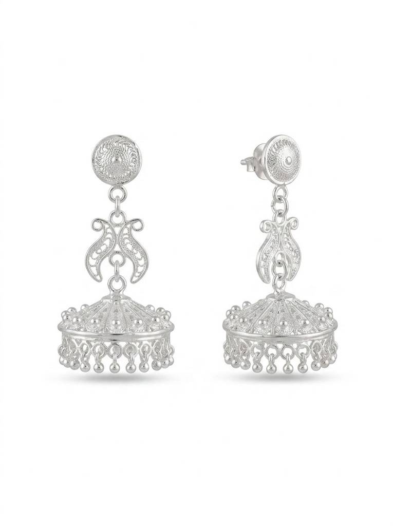 925 Silver Earrings Traditional Filigree Jhumka Earrings For Women : E-7