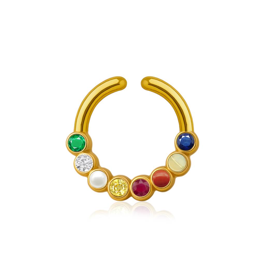 Navratna Nine Gemstone Crescent Septum Nose Pin 925 Sterling Silver Gold Plated : 0007-NP-snp-0059