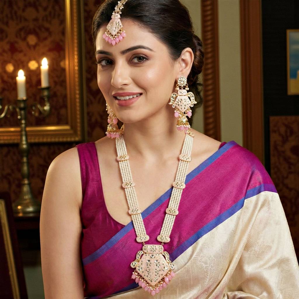 Traditional Turquoise Long Necklace Set For Women |Gold Plated Meenakari Bridal Jewellery Set With Earring : 2970-J5SK-2300-PK
