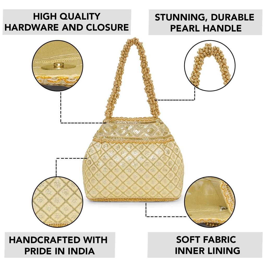 Cream Patterned Potli Bag Ethnic Wristlet Purse For Women & Girls : P121CRM