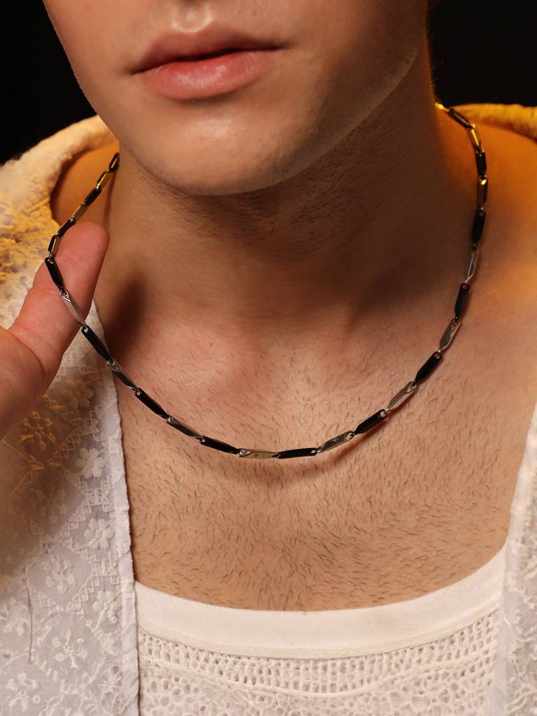 Men'S The Block Collar Necklace - Onyx Black:Metallic Silver : FANC1087