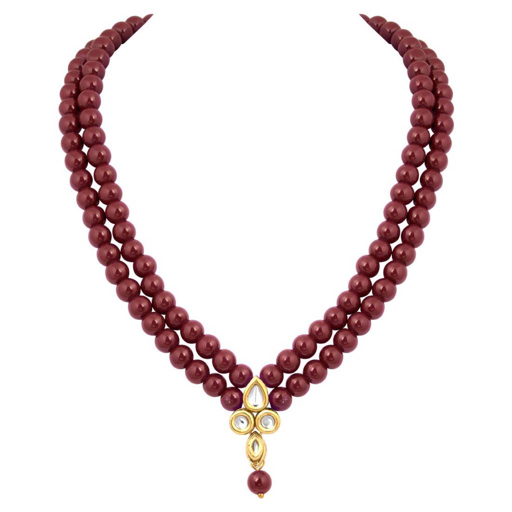 Indian Traditional Kundan Faux Pearl Maroon Long Jewellery Necklace Set For Women Girls : PF37NML201M