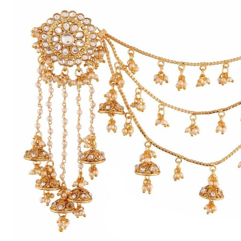 Peora Women'S Gold Plated Brass Pearl And Kundan Bahubali Earrings With Hair Chain, Gold : PF37E2610FL