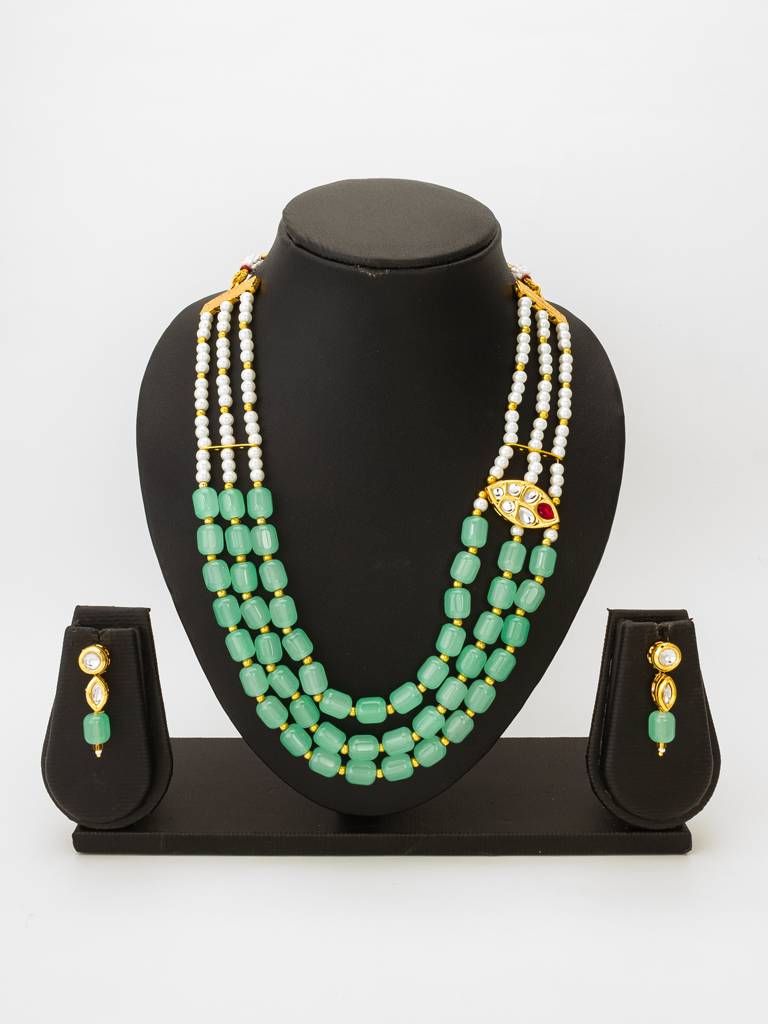 Mint Green Barrel Bead Multi-Strand Necklace Set With Kundan Pendant And Matching Earrings : NK4540
