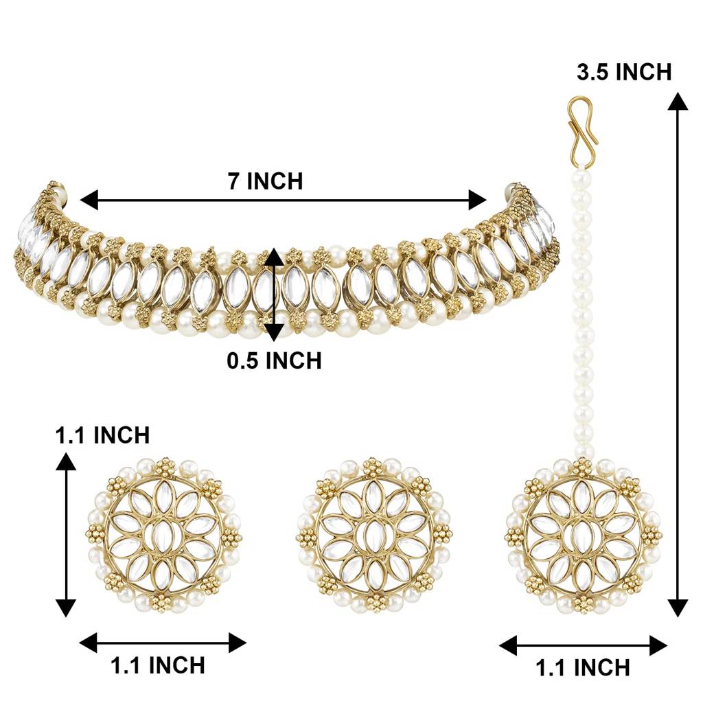 Traditional Gold Plated Kundan Choker Necklace Round Stud Earring & Maang Tikka Ethnic Jewellery Set Gift For Wome : PF28N226W