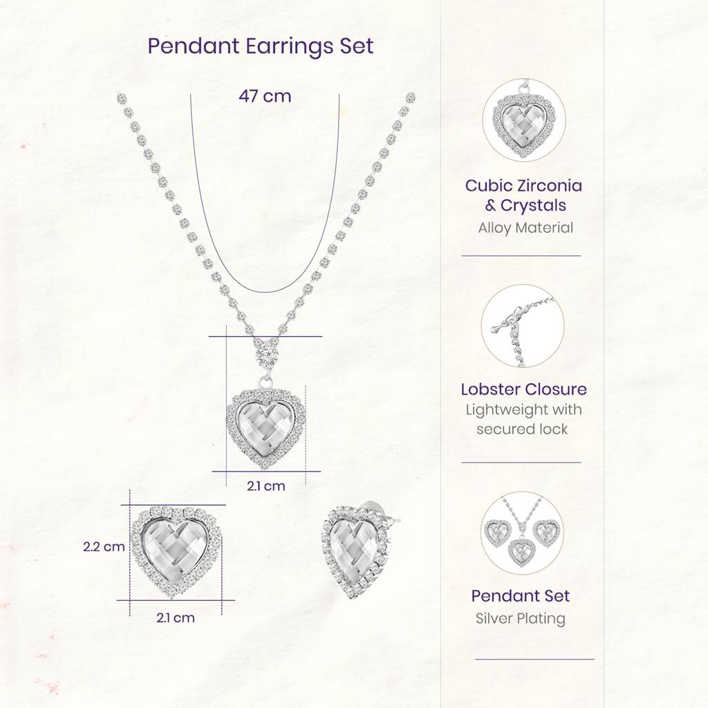 White Fancy Pendant Chain Necklace Earrings Set For Women & Girls Silver Plated Crystals & Cz Studded Stylish Desig : PX9PS55W