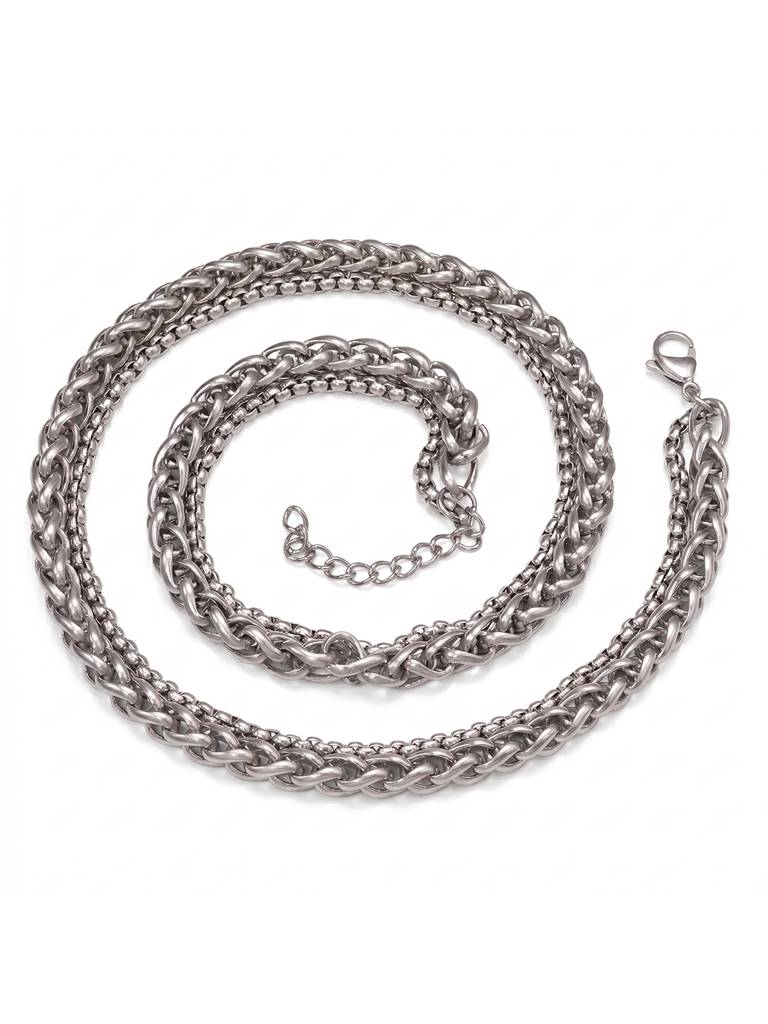 Fancy 2 Layer Braided Curb Chain For Men & Boys Silver Plated Stainless Steel Casual Stylish Design Jewellery Birt : PX9CH120S