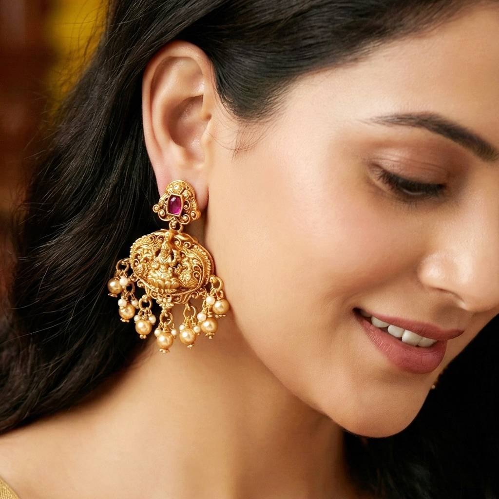 Traditional Antique Gold-Tone Temple Jewellery Set With Goddess Lakshmi Pendant & Earrings | Choker Style Ne : 1122-ISR-2178-R